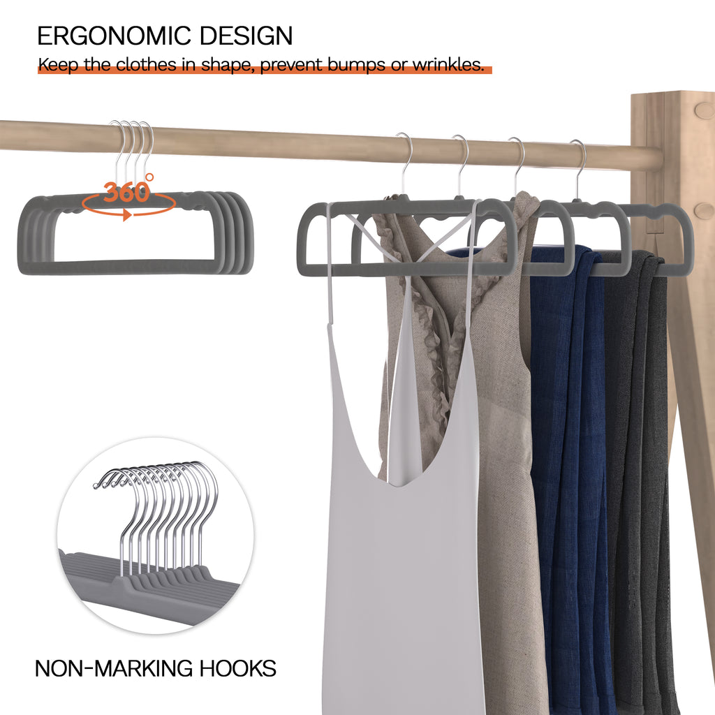 MLKJHHI Gray Velvet Hangers 60 Pack, Slim Space Saving Pants Hangers for Closet Organizer, Rotating Hook, Non Slip Clothes Felt Hanger Heavy Duty for Tank Top, Jean Perchas, Camisole, Kids' Clothes