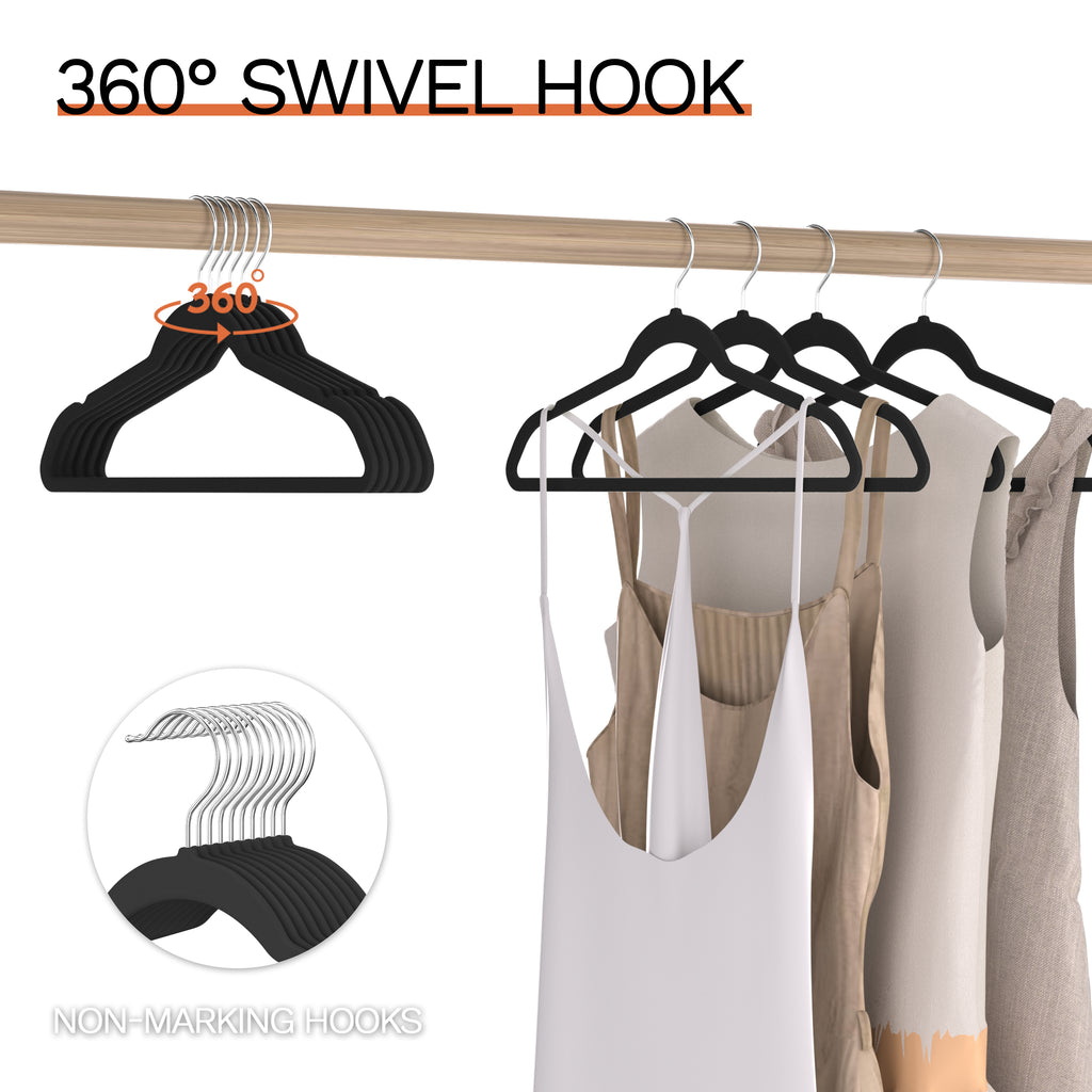 Black Velvet Hangers 60 Pack, Slim Space Saving Suit Hangers for Closet Organizer, Rotating Silver Hook, Non Slip Clothes Felt Hanger Heavy Duty for Coat,Shirt, Pants, Camisole, Dress