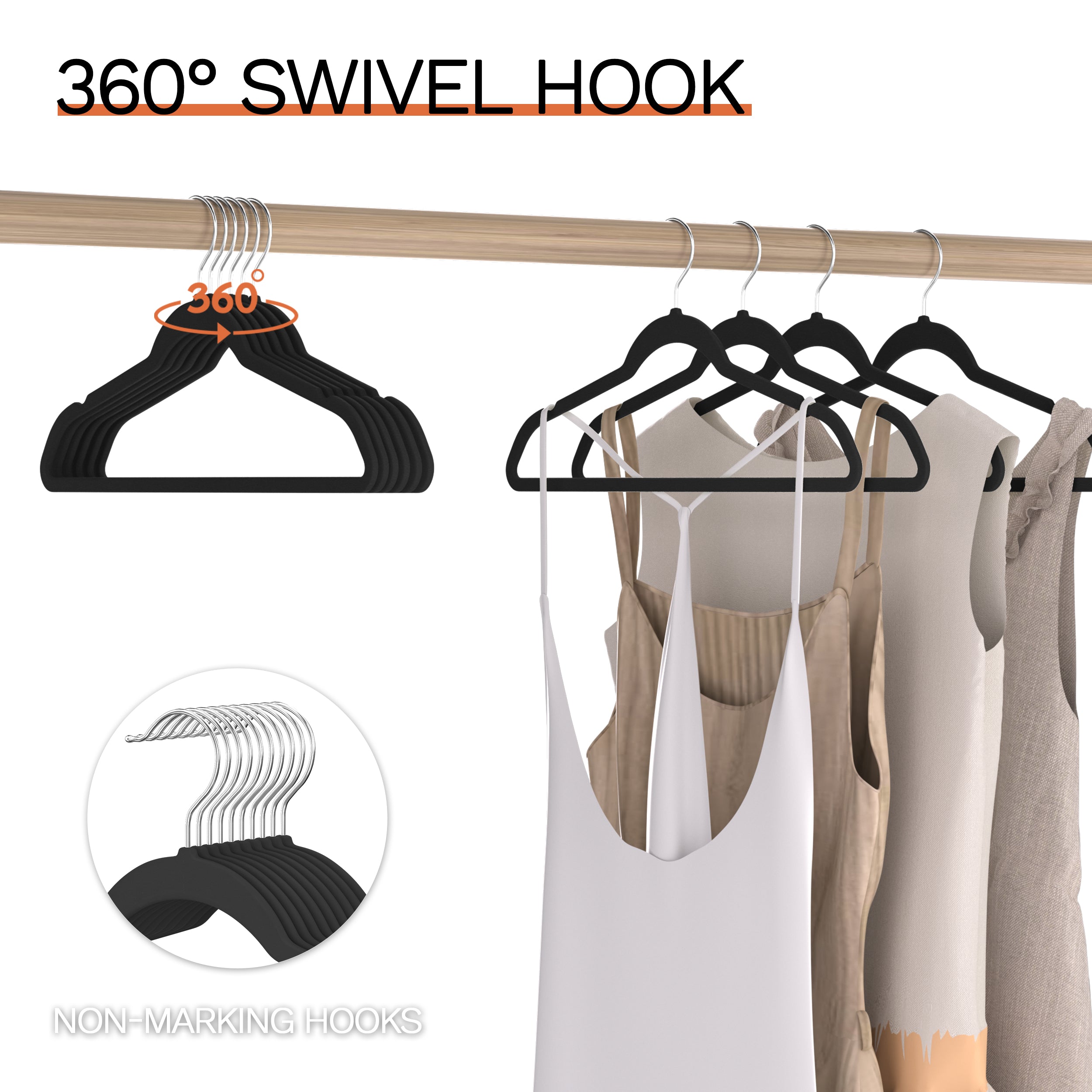 Black Velvet Hangers 60 Pack, Slim Space Saving Suit Hangers for Closet Organizer, Rotating Silver Hook, Non Slip Clothes Felt Hanger Heavy Duty for Coat,Shirt, Pants, Camisole, Dress